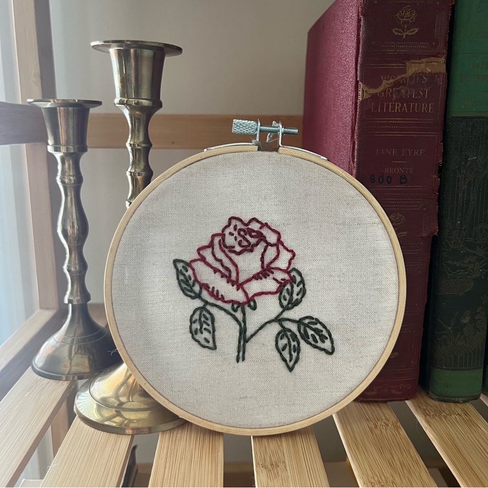 Handmade Embroidered Rose Hoop Art